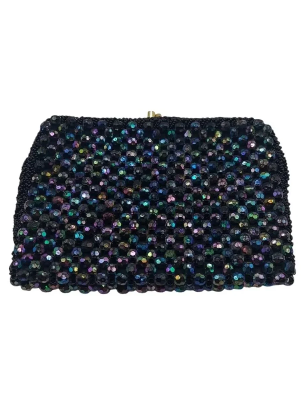 Vintage Black Beaded Evening Clutch Bag Iridescent Beads & Gold Chain Strap